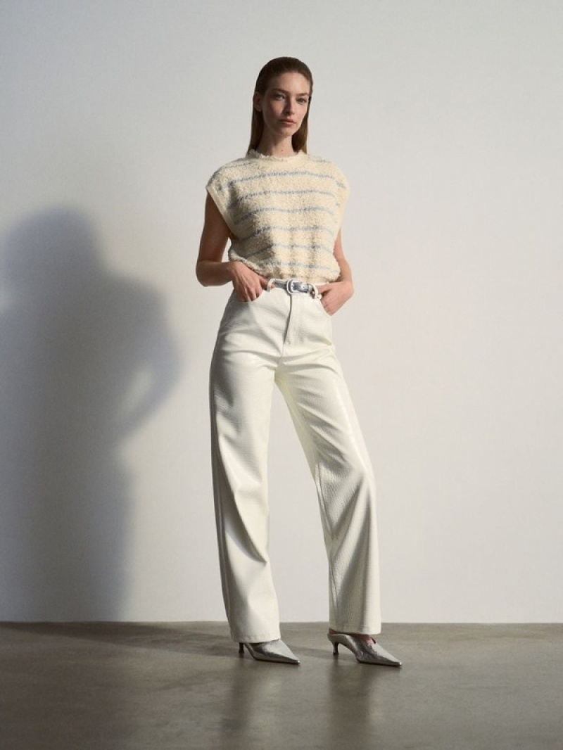 Cream Reserved Faux Leather Women's Trousers | MDQR-49537