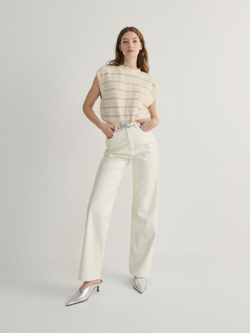 Cream Reserved Faux Leather Women's Trousers | MDQR-49537