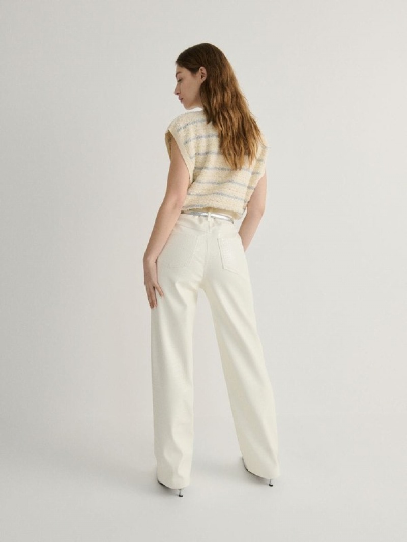 Cream Reserved Faux Leather Women's Trousers | MDQR-49537