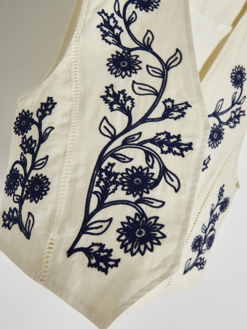 Cream Reserved Linen Blendembroidery Detailing Women's Vest | RBAZ-17956