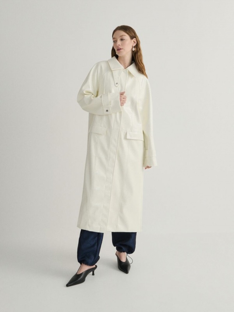 Cream Reserved Longline Faux Leather Women's Coats | NFYM-07653