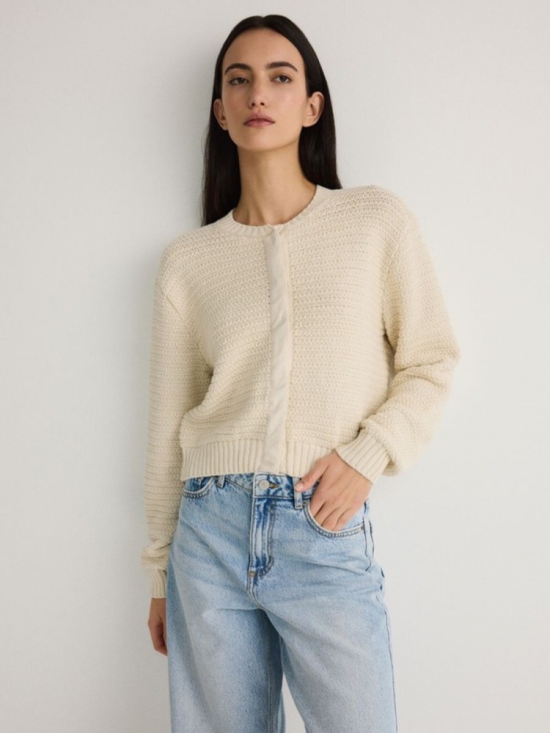 Cream Reserved Loose Knit Cardigan Women's Sweaters | EHTI-12780