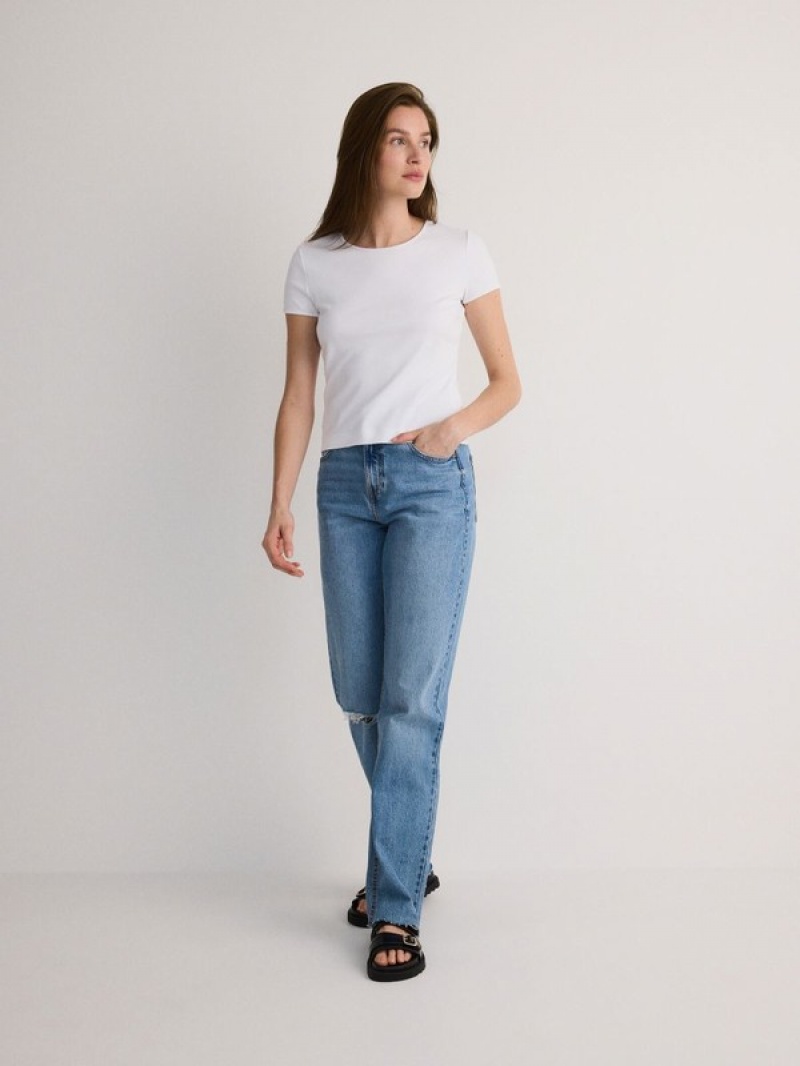 Cream Reserved Mercerised Organic Cotton Women's T-shirts | XBGU-80694