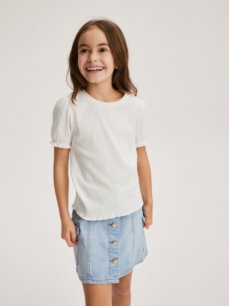 Cream Reserved Rib Knit Girls' T-shirts | RPGI-60473