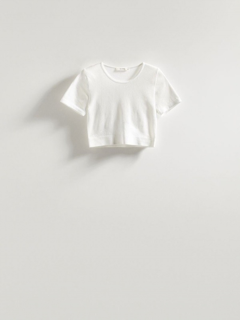 Cream Reserved Rib Knit Women's T-shirts | QTGF-78563