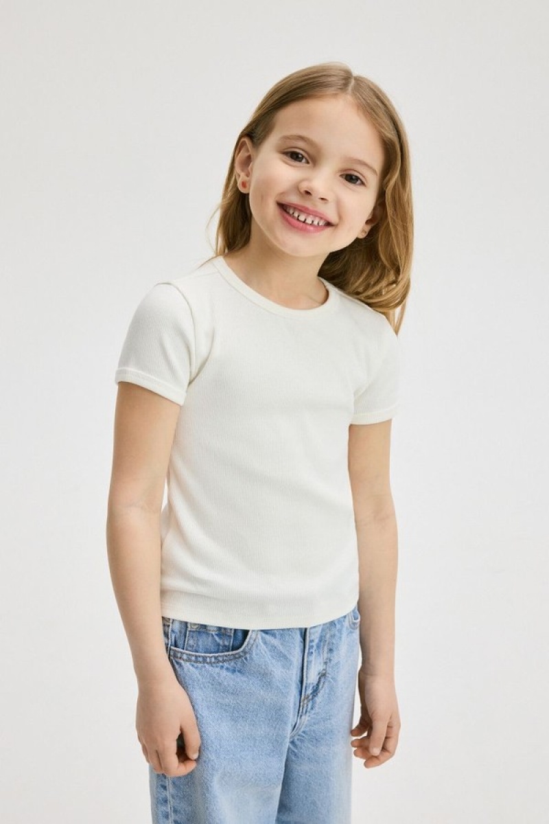 Cream Reserved Ribbed Cotton Girls' T-shirts | GDHO-54798