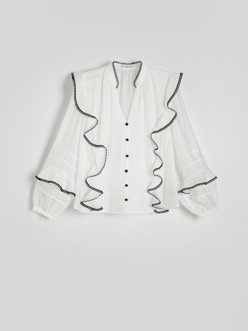 Cream Reserved Ruffle Women's Shirts | LAVY-82906