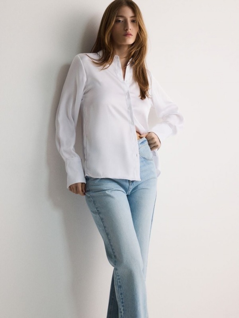 Cream Reserved Satin Women's Shirts | PSAN-28543