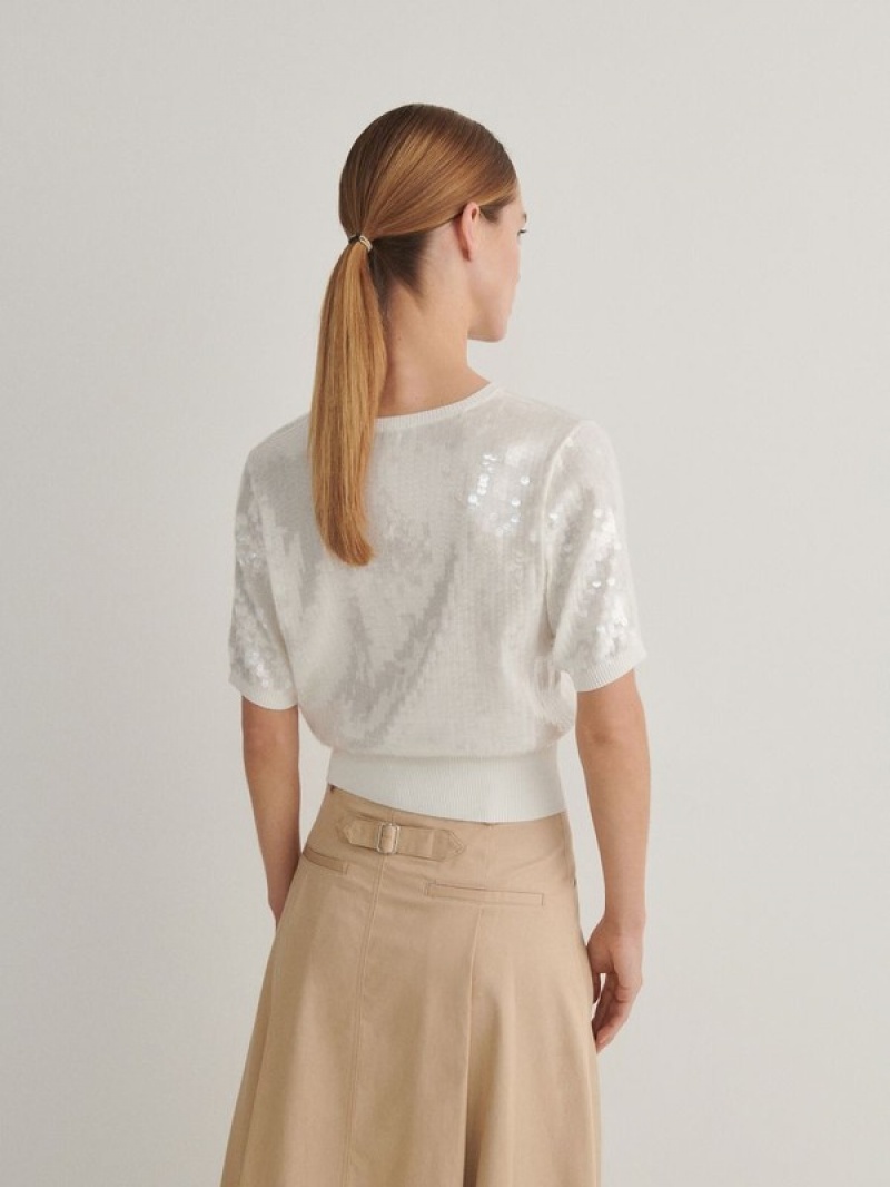 Cream Reserved Sequin Women's Sweaters | NDZX-35846