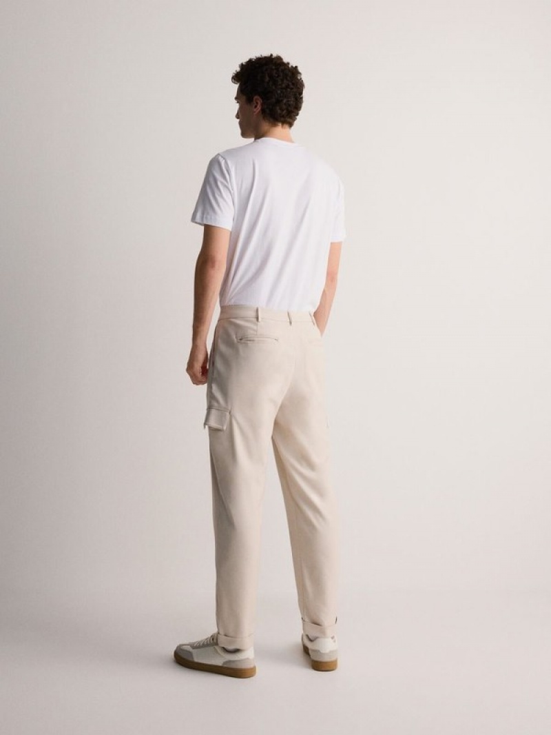 Cream Reserved Slim Cargo Men's Trousers | BNXR-73604