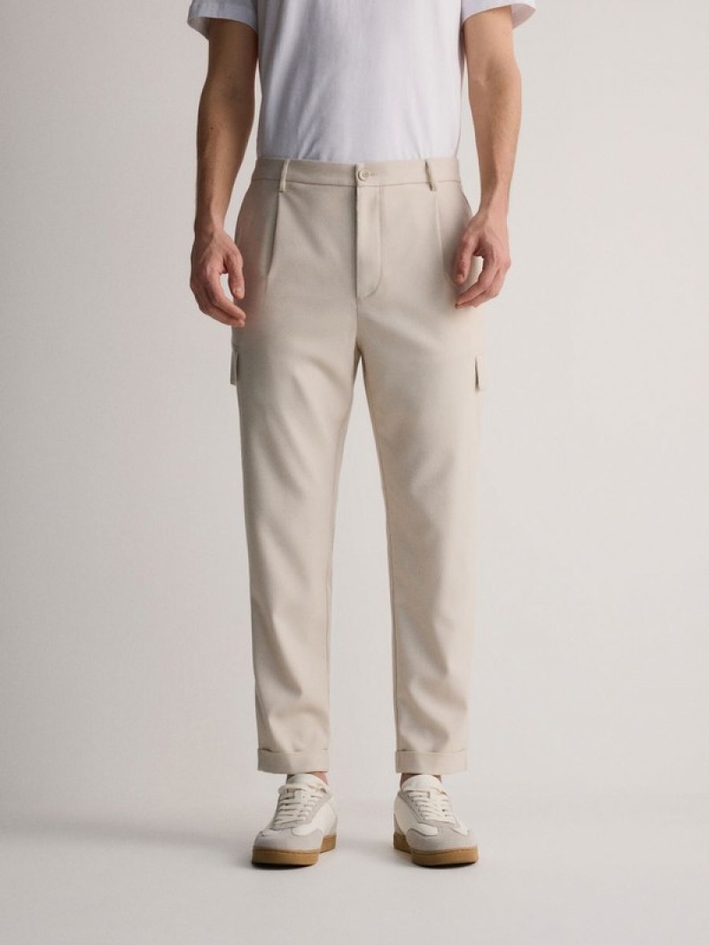 Cream Reserved Slim Cargo Men's Trousers | BNXR-73604