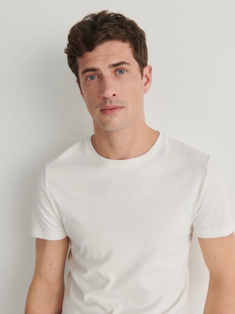 Cream Reserved Slim Fit Men's T-shirts | FINL-60948