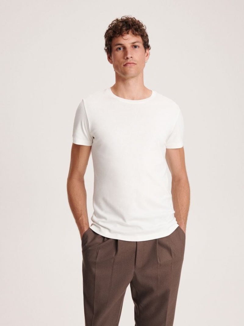 Cream Reserved Slim Fit Men's T-shirts | MGXS-42608