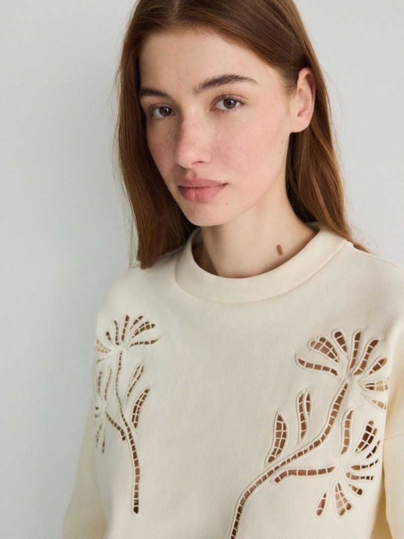 Cream Reserved Sweatembroidery Detailing Women's Sweatshirts | BQKI-50386