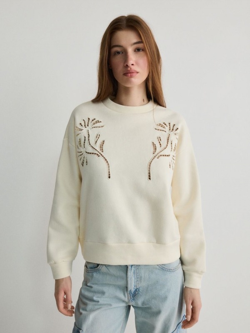 Cream Reserved Sweatembroidery Detailing Women\'s Sweatshirts | BQKI-50386