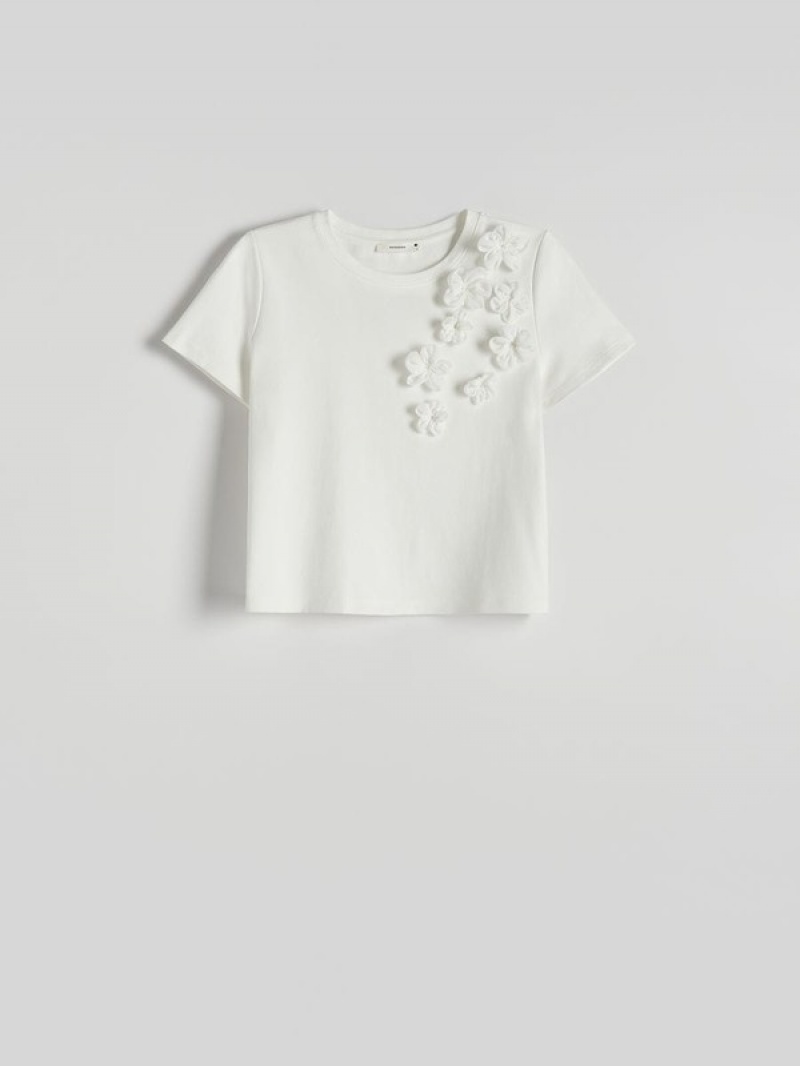 Cream Reserved T-flower Appliqué Women's Shirts | IBYZ-20467