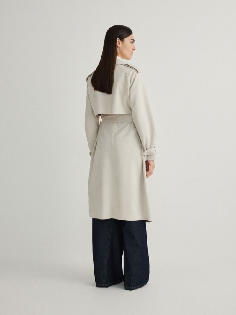 Cream Reserved Tie Waist Women's Coats | ZVLF-95463