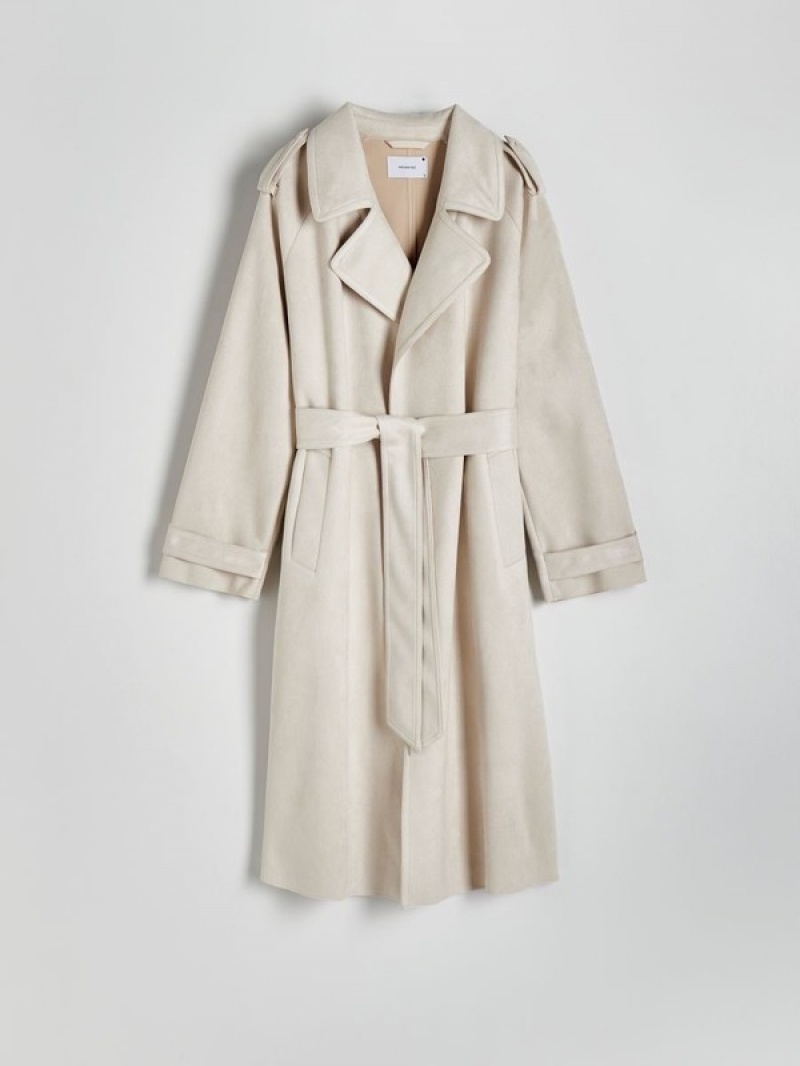 Cream Reserved Tie Waist Women's Coats | ZVLF-95463