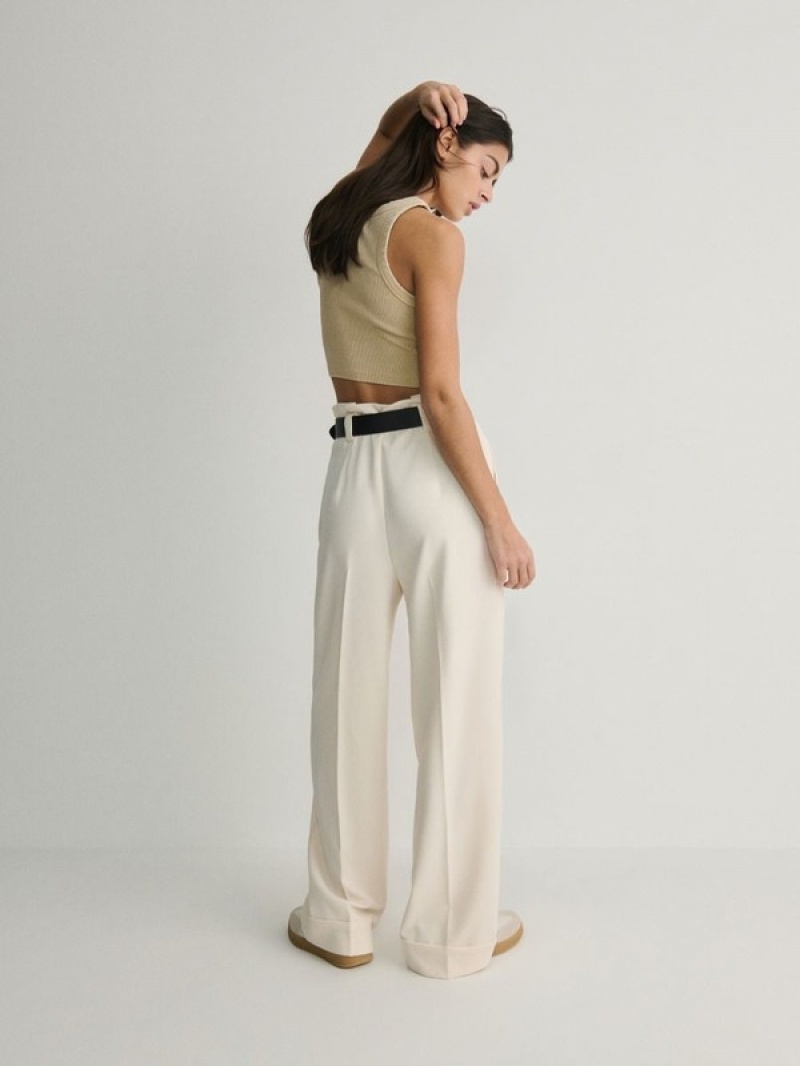 Cream Reserved Tie Waist Women's Trousers | KJZH-98543