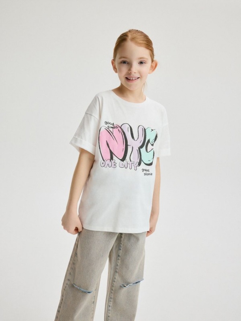 Cream Reserved T-print Girls' T-shirts | UJEN-89605