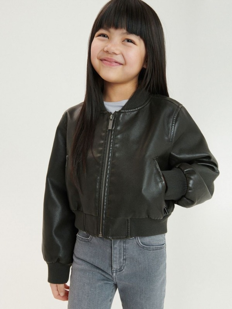 Dark Brown Reserved Faux Leather Bomber Girls' Jackets | JRDO-25936