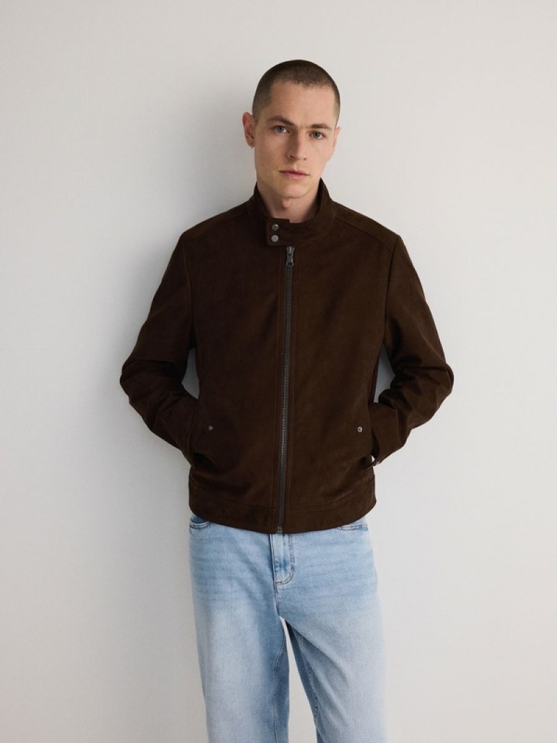 Dark Brown Reserved Faux Suede Men's Jackets | WGQX-13029