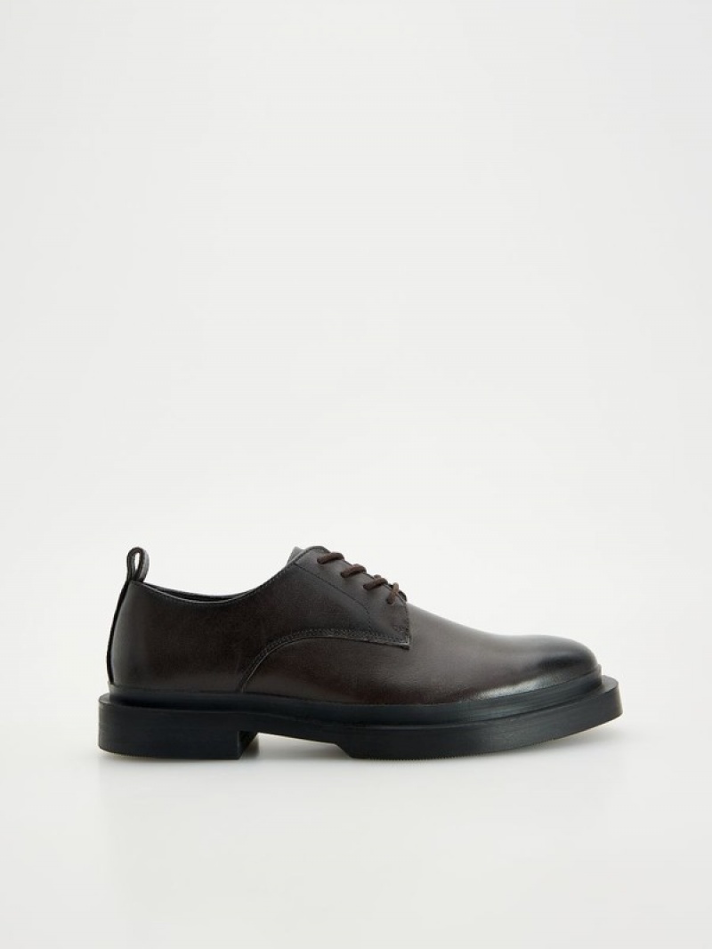 Dark Brown Reserved Leather Derby Men's Shoes | GLZT-95816