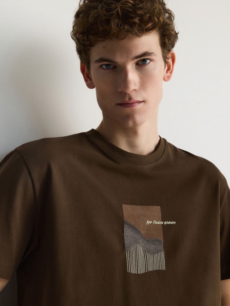 Dark Brown Reserved Regular Fit T-print Men's T-shirts | UKMF-31852