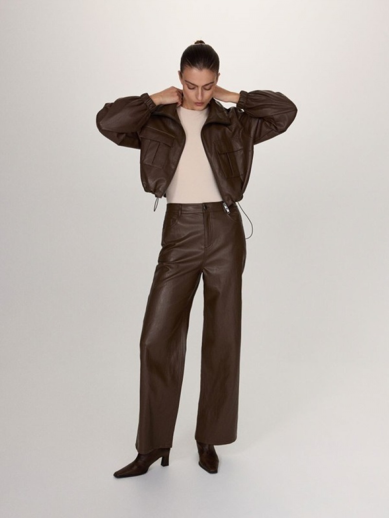 Dark Brown Reserved Wide Leg Faux Leather Women's Trousers | FDUB-29586