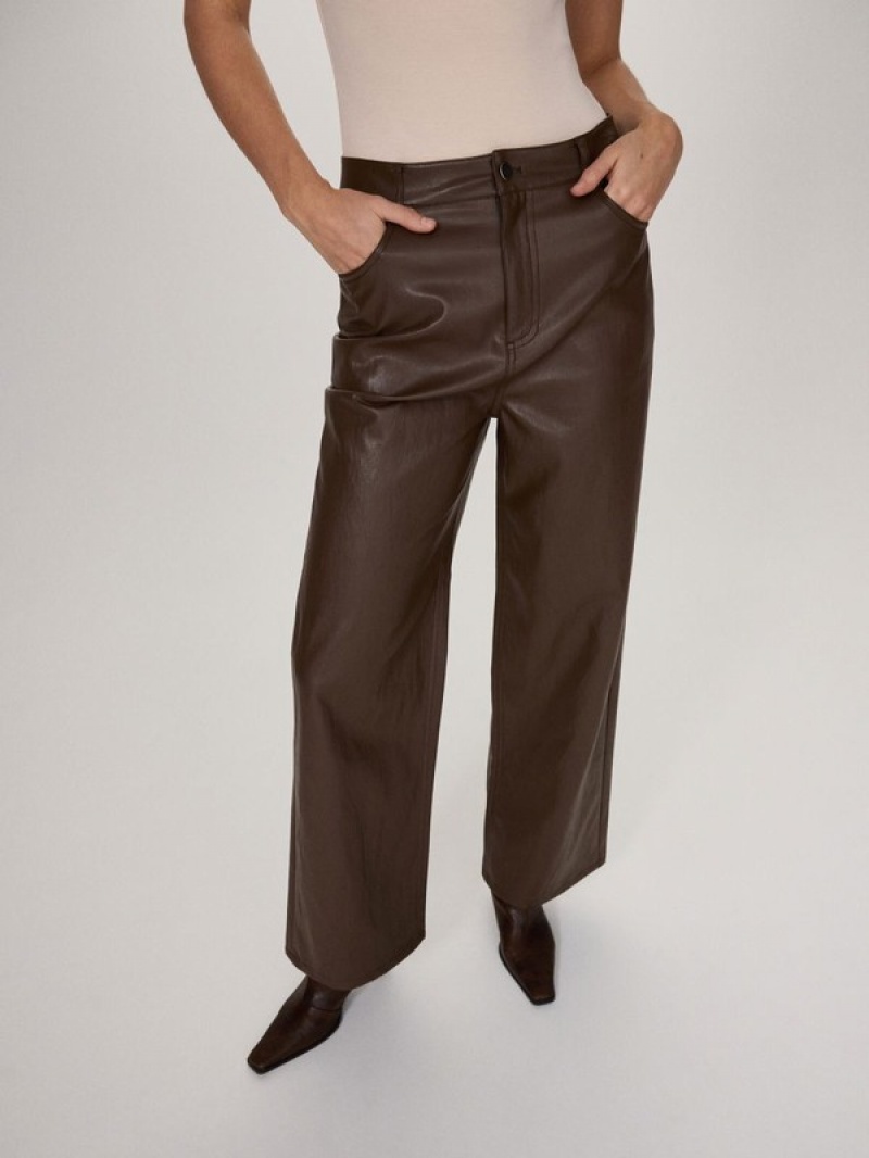 Dark Brown Reserved Wide Leg Faux Leather Women's Trousers | FDUB-29586