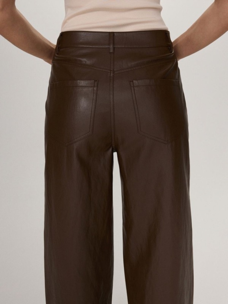 Dark Brown Reserved Wide Leg Faux Leather Women's Trousers | FDUB-29586