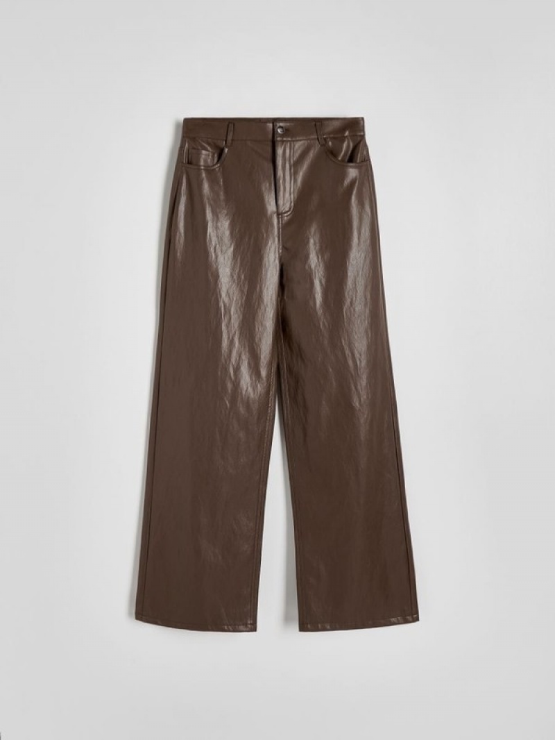 Dark Brown Reserved Wide Leg Faux Leather Women's Trousers | FDUB-29586