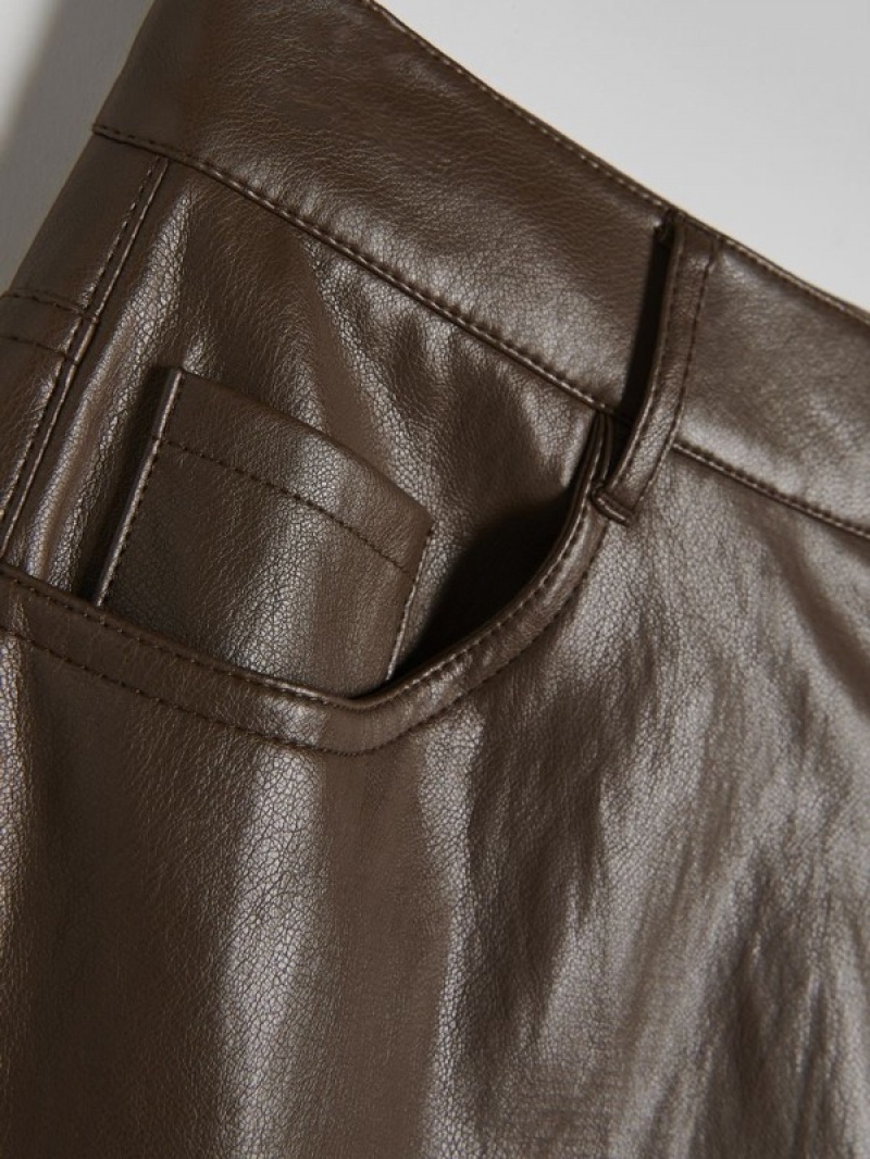 Dark Brown Reserved Wide Leg Faux Leather Women's Trousers | FDUB-29586