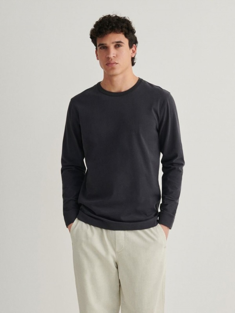 Dark Grey Reserved Cotton Long Sleeve Men's T-shirts | DJEF-92461