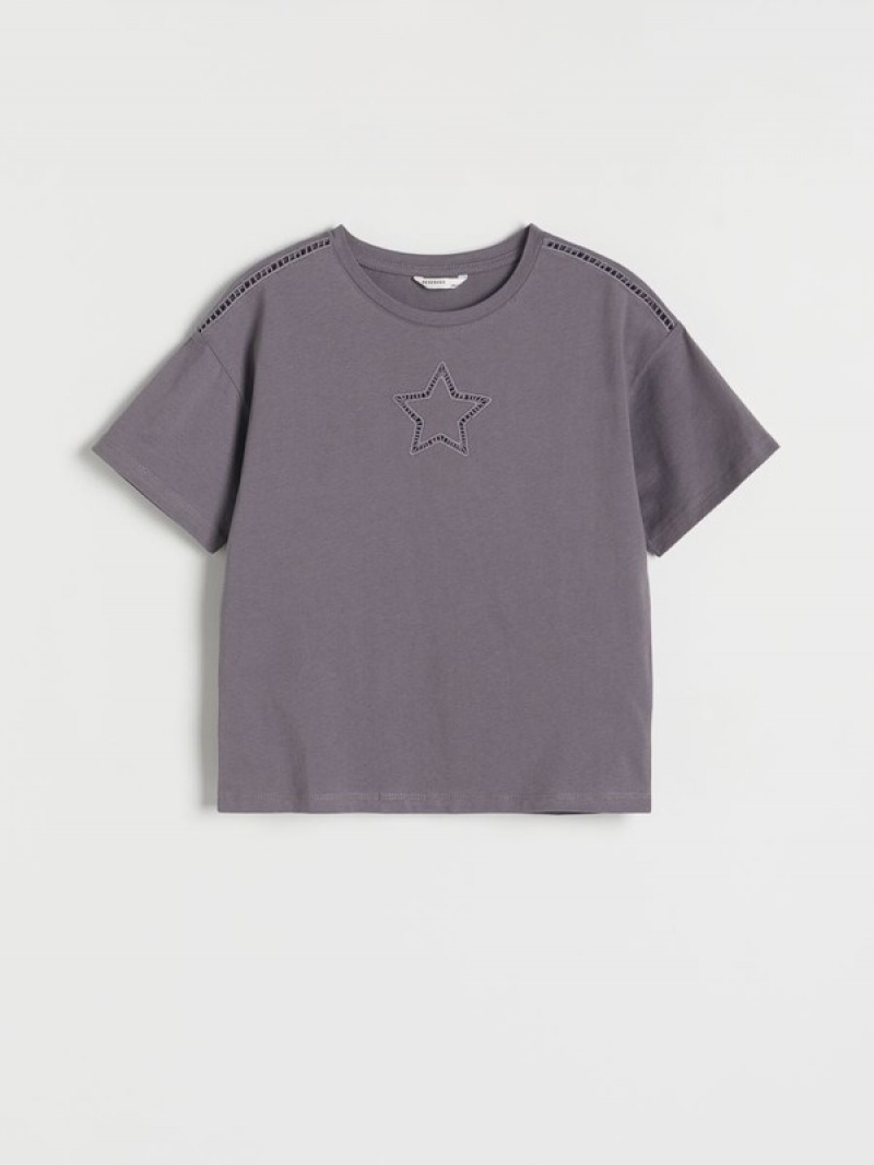 Dark Grey Reserved Cotton T-embroidery Details Girls' T-shirts | MGBZ-78269