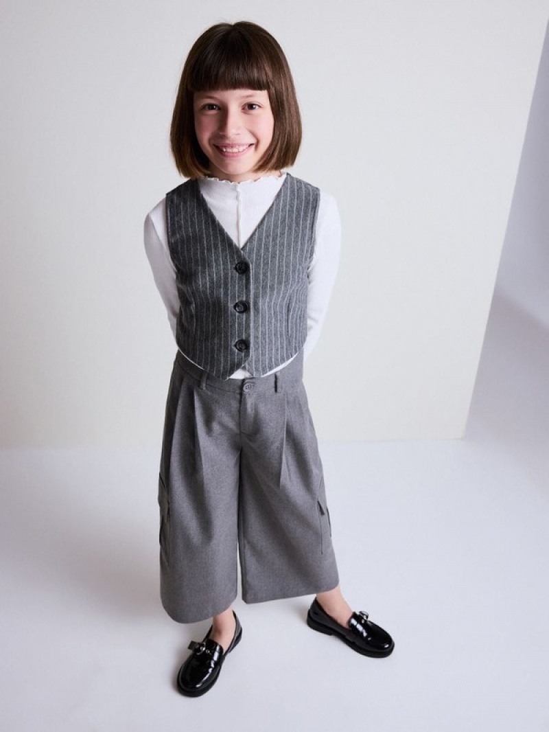 Dark Grey Reserved Elegant Stripe Girls' Jackets | XDOB-08935