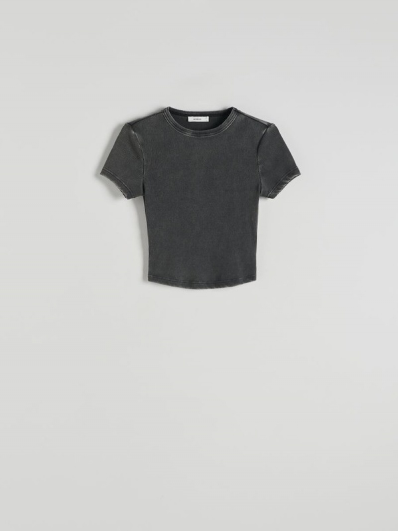 Dark Grey Reserved Rib Knit Cotton Rich Women's T-shirts | JUST-32091