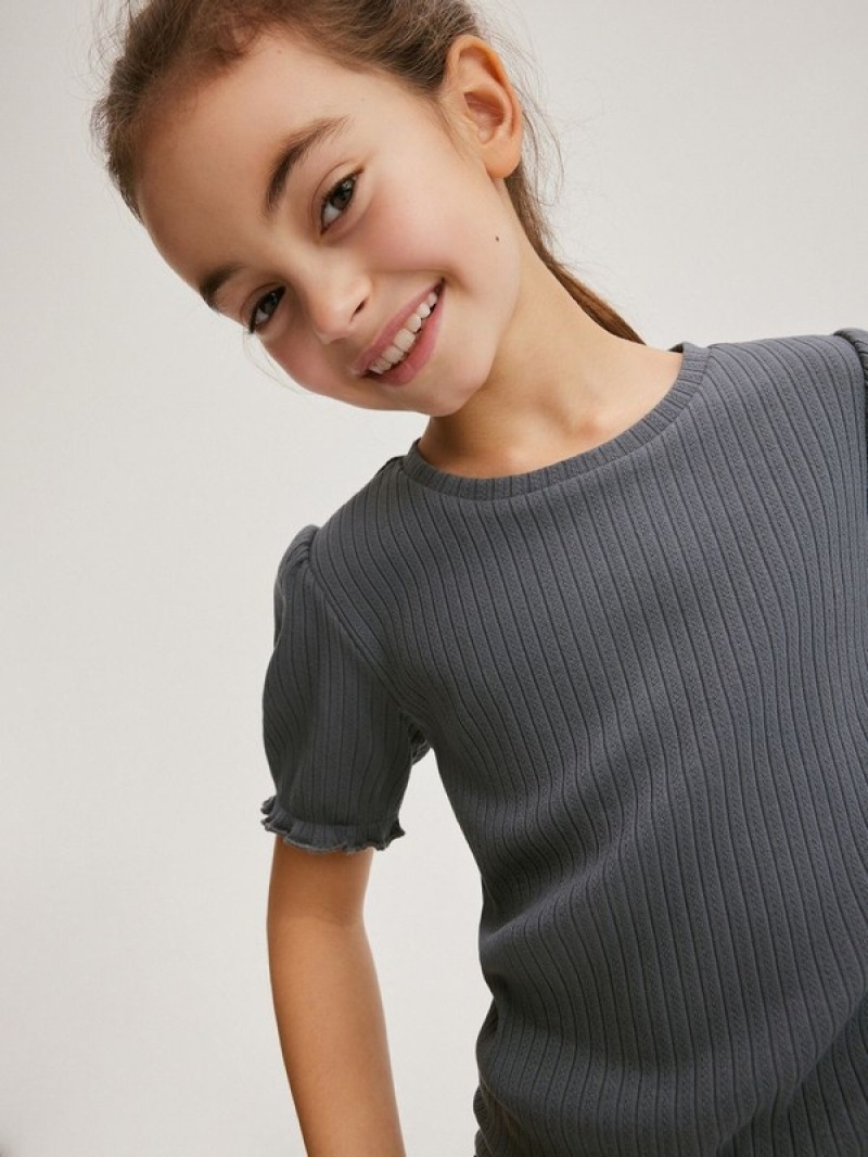 Dark Grey Reserved Rib Knit Girls' T-shirts | FOQL-86124