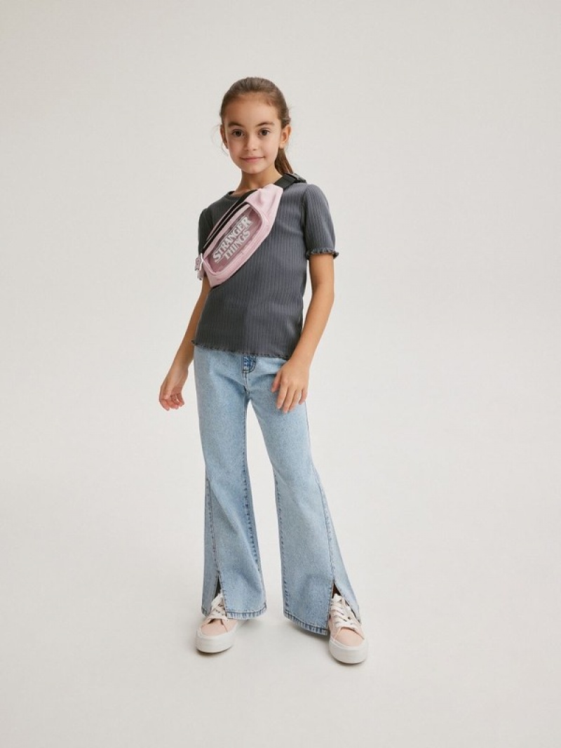 Dark Grey Reserved Rib Knit Girls' T-shirts | FOQL-86124