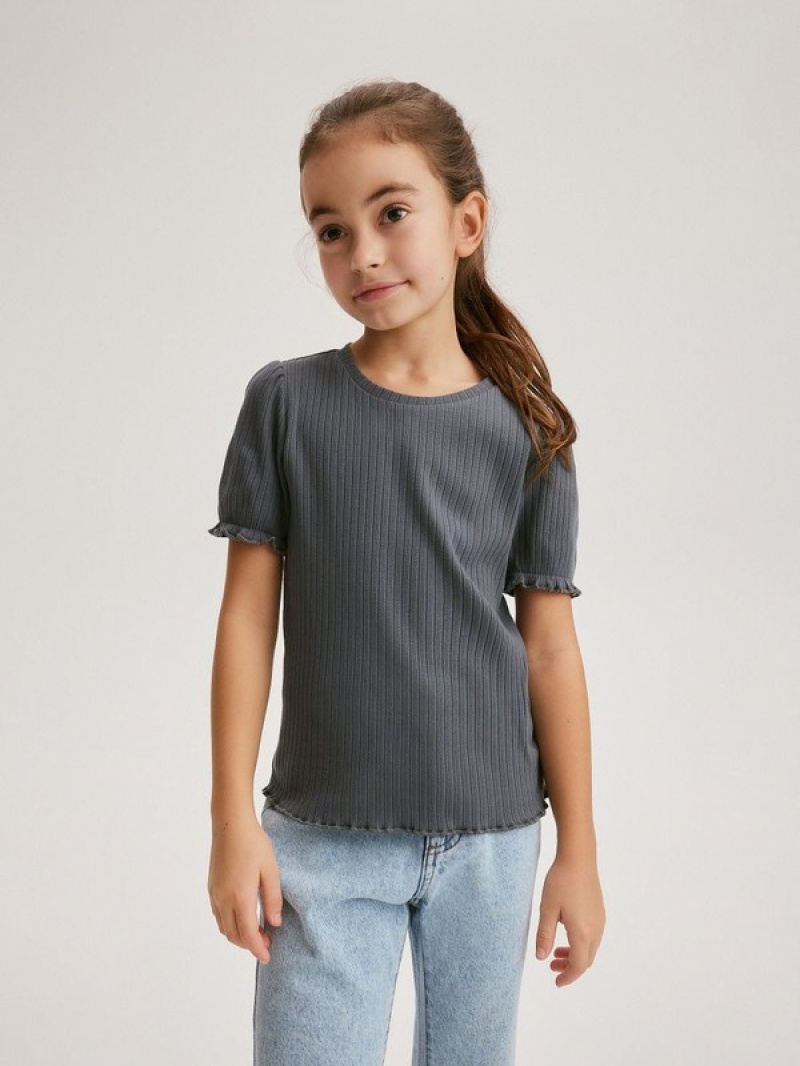 Dark Grey Reserved Rib Knit Girls' T-shirts | FOQL-86124