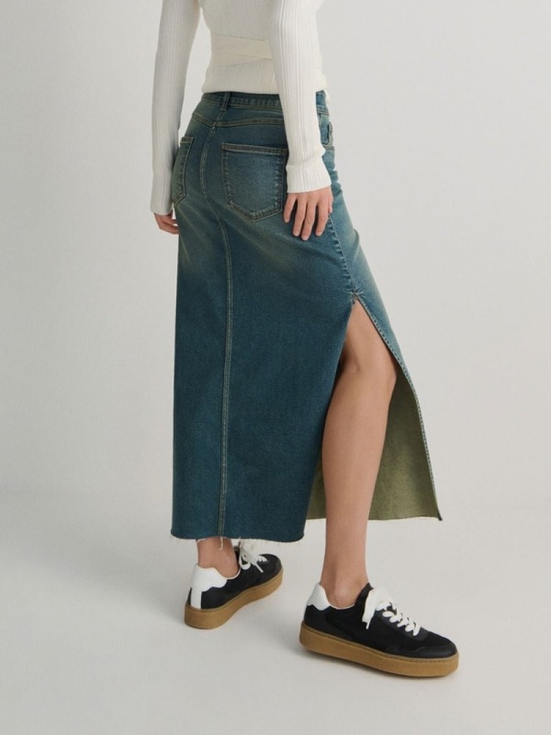 Dark Turquoise Reserved Denim Maxi Women's Skirts | ZDGC-01675