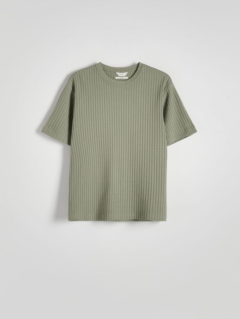 Green Reserved Comfort Fit Rib Knit Men's T-shirts | VEQI-92435