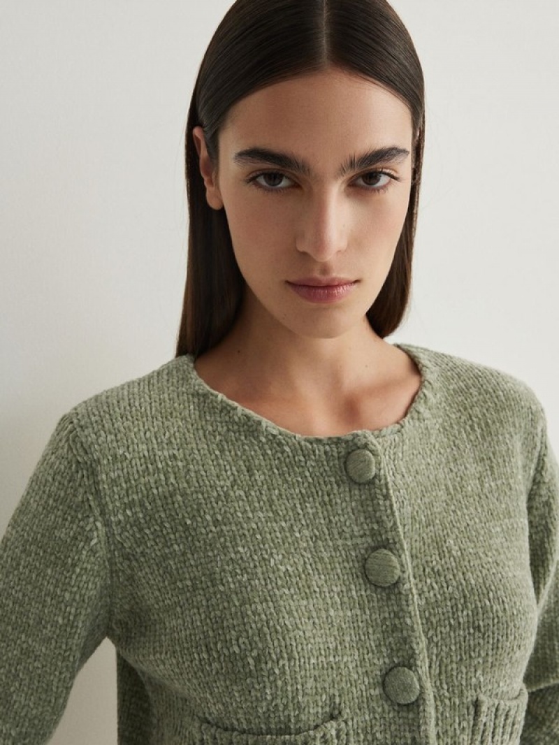 Green Reserved Cropped Cardiganpockets Women's Sweaters | OXHV-20394