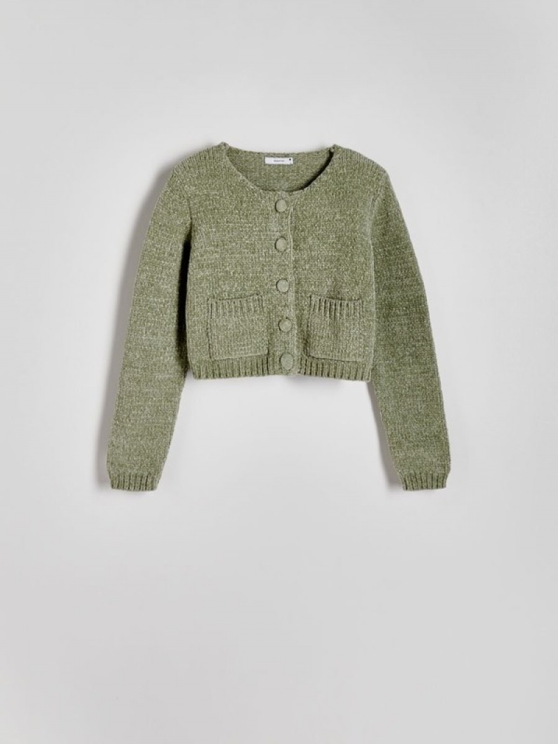 Green Reserved Cropped Cardiganpockets Women's Sweaters | OXHV-20394