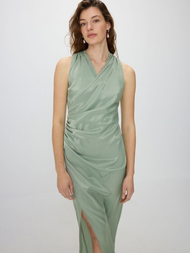 Green Reserved Gathered Women's Dress | JBYC-06934