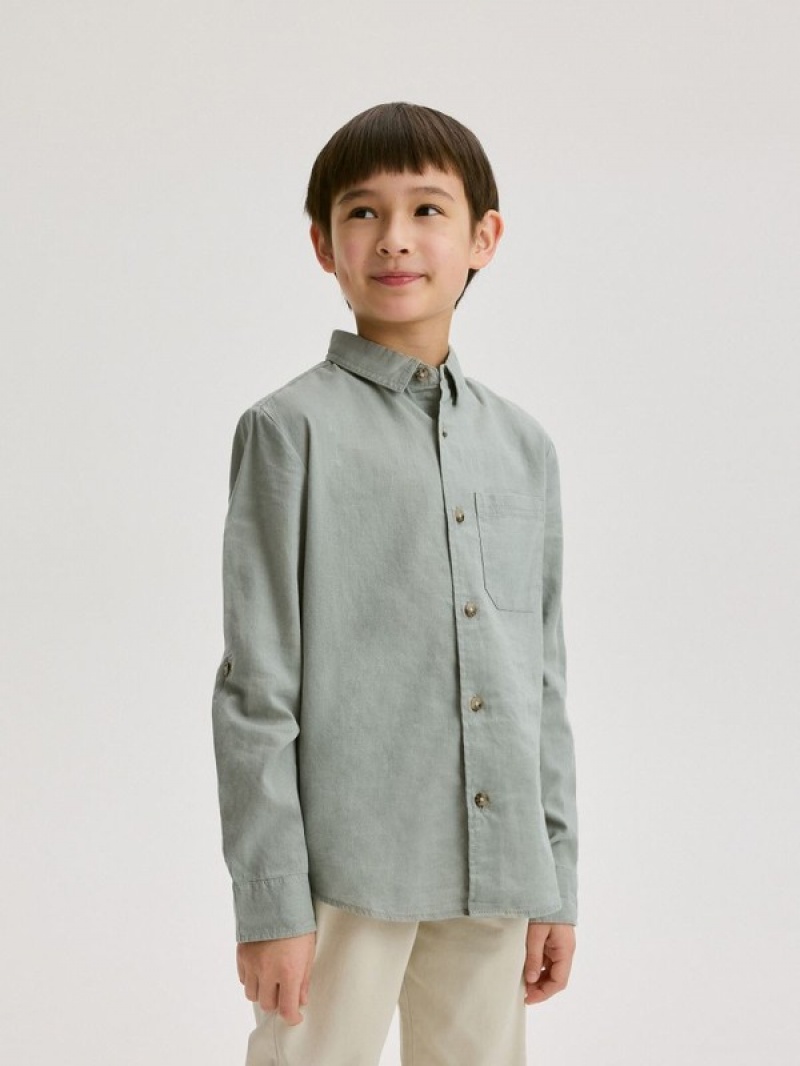 Green Reserved Linen Rich Boys' Shirts | KLQO-48621