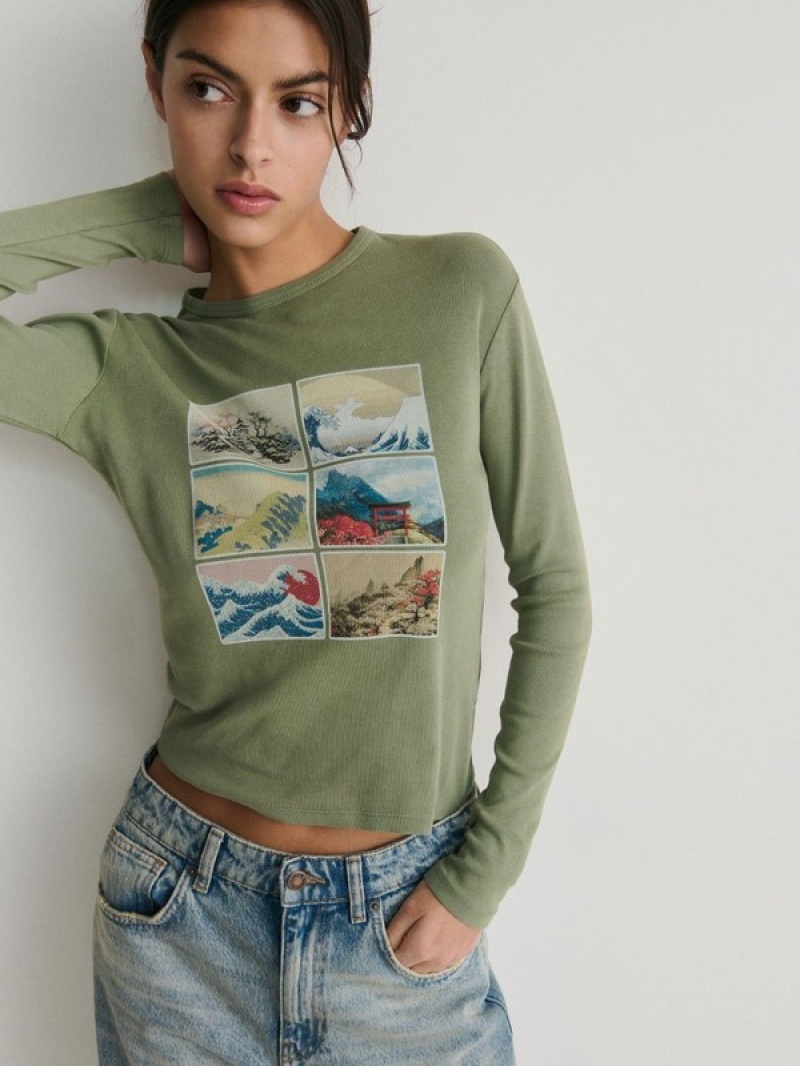 Green Reserved Long Sleeve T-wash-effect Print Women's T-shirts | CZDM-91452