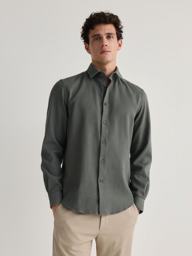 Green Reserved Regular Fit Plain Men's Shirts | LZAE-67823