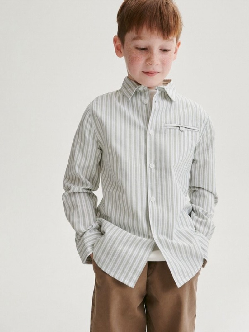 Green Reserved Regular Fit Striped Boys' Shirts | MNDU-97805