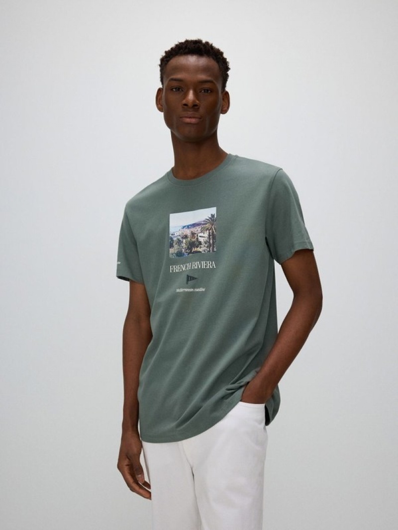 Green Reserved Regular Fit T-print Men's T-shirts | WIDG-78605